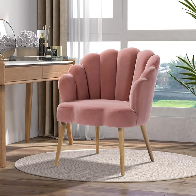 TINA'S HOME Flora Scalloped Velvet Arm Chair for Small Space Living Room Bedroom - Pink | Amazon (US)