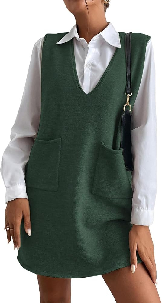 Women's Sleeveless Sweater Dress V Neck Knit Vest Dress with Pockets | Amazon (US)
