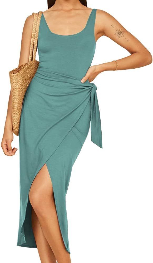 EXLURA Women's Summer Sleeveless Solid Split Front Bodycon Midi Tank Dress with Belt | Amazon (US)