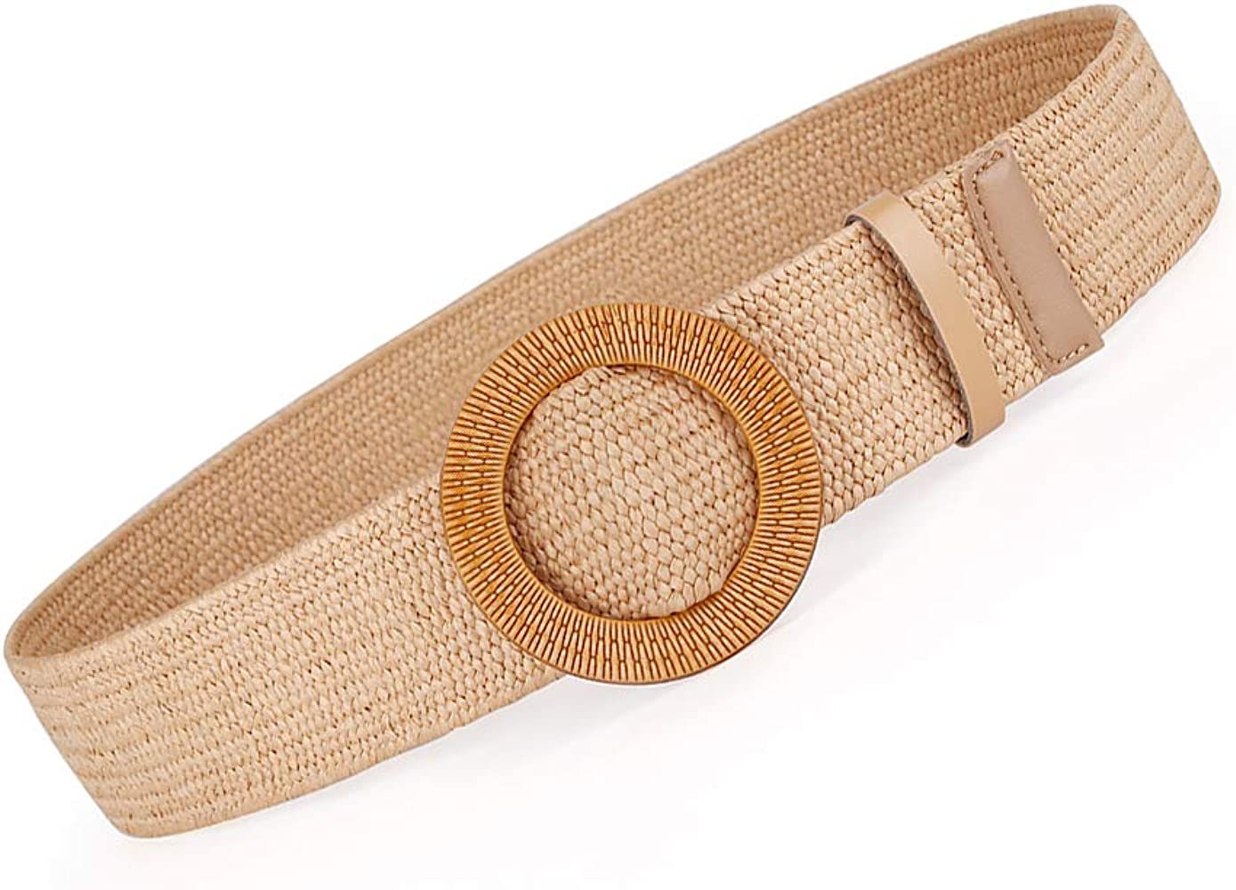 Women Belts For Dresses, Elastic Straw Rattan Waist Band With Wood Buckle | Amazon (US)