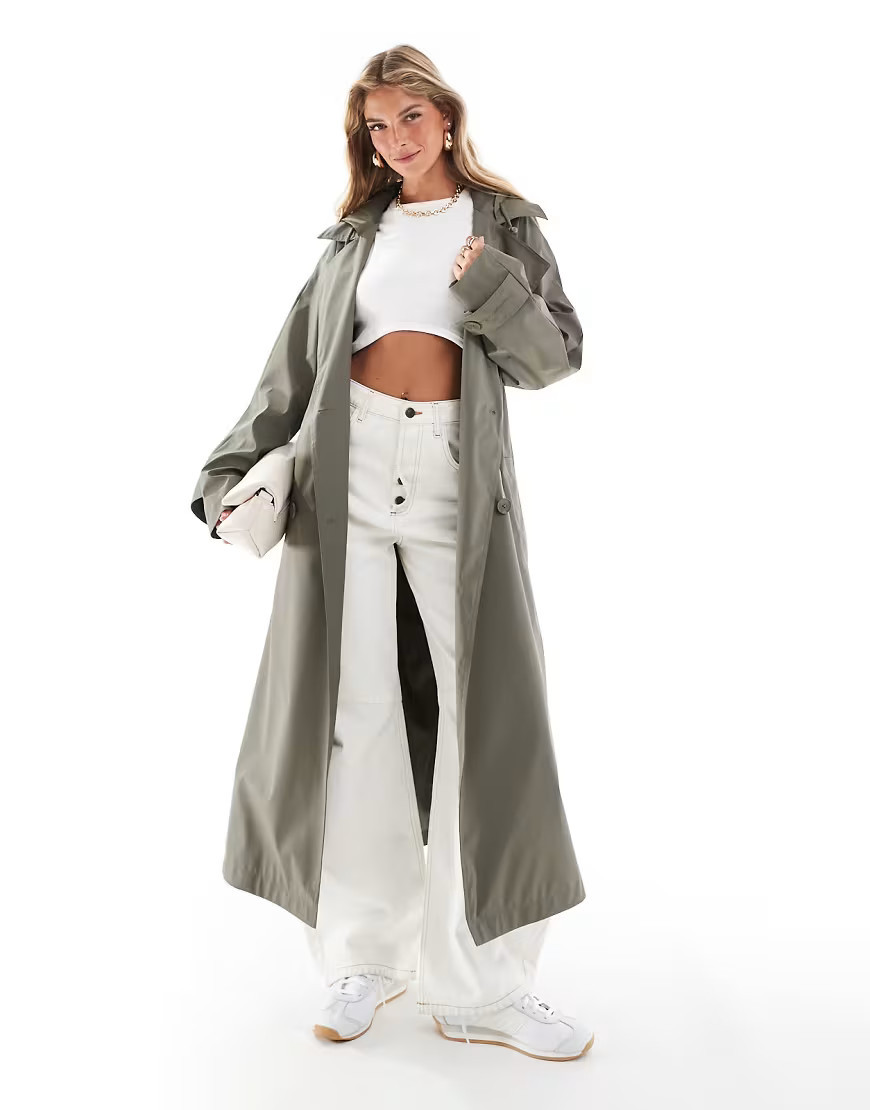 ASOS DESIGN rubberized rain hooded trench coat with belt detail in khaki-Black | ASOS (Global)