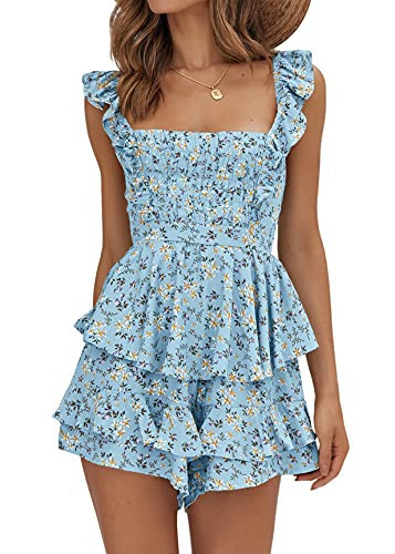 Farktop Womens Sexy Summer Romper Floral Square Neck Ruffle Strap Layer Hem Shorts Jumpsuits | Amazon (US)