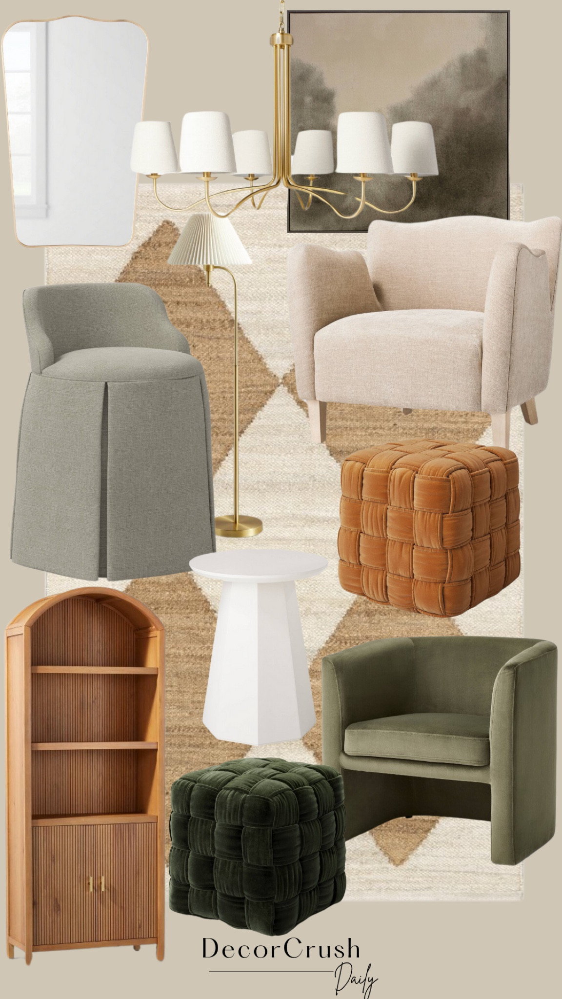Target Home Finds // Target Furniture// Arched Cabinet // Accent Chair // Ottoman // End Table // Floor lamp // chandelier // Brass chandelier// Artwork // Mirror

#LTKHome #LTKStyleTip