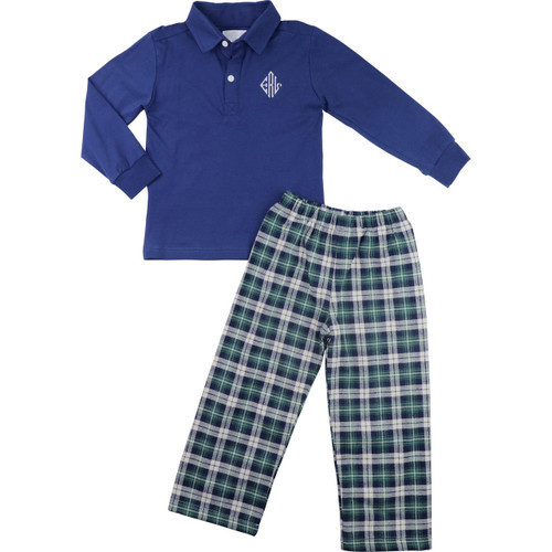 Navy And Green Plaid Flannel Polo Pant Set | Cecil and Lou