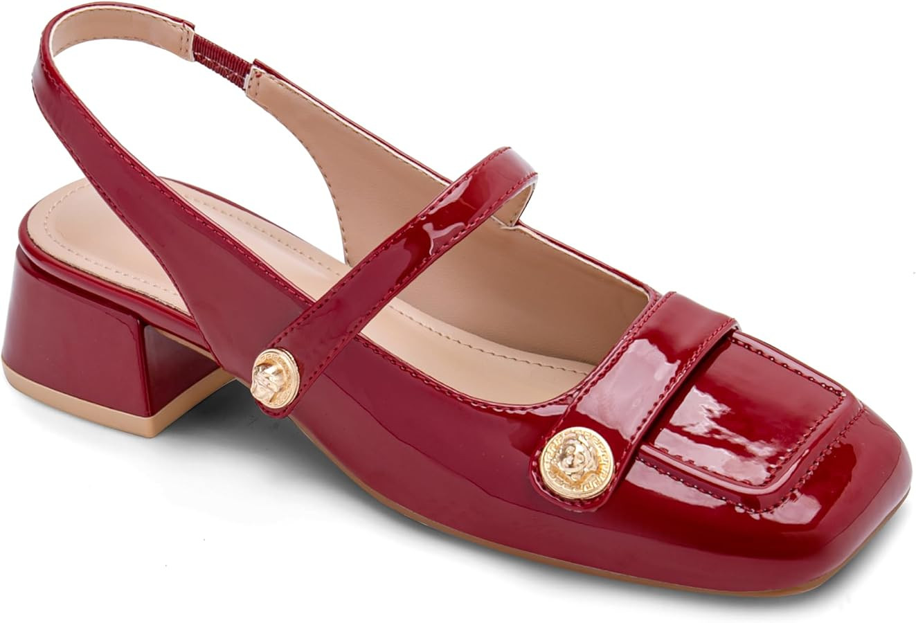 Slingback Mary Jane Heels for Women Low Block Heel Closed Square Toe Pump Shoes Heels Classic Dai... | Amazon (US)