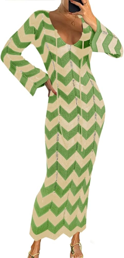 Saodimallsu Womens Striped Bodycon Beach Dress V Neck Tie Front Bell Sleeve Crochet Cover Up Vaca... | Amazon (US)