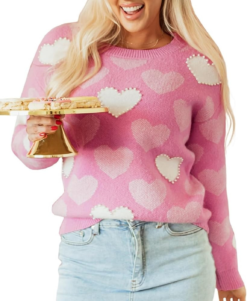 Pearl Sweater for Women Love Heart Graphic Knitted Sweatshirts Cute Valentines Day Oversized Pull... | Amazon (US)