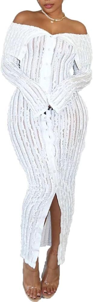 Aro Lora Womens Sexy Off Shoulder See Through Pleated Button Down Slit Bodycon Maxi Dress | Amazon (US)