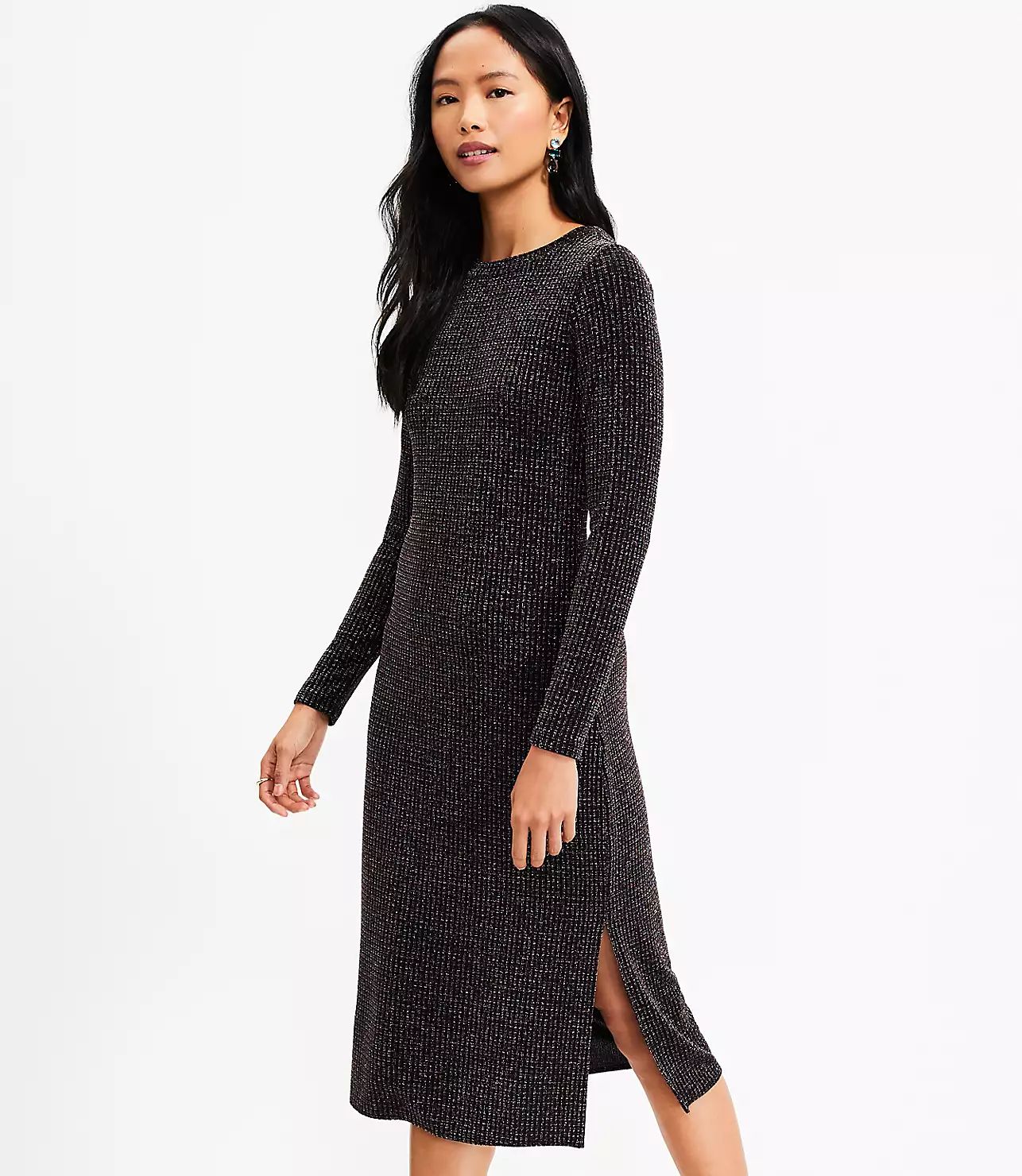 Shimmer Long Sleeve Midi Dress | LOFT