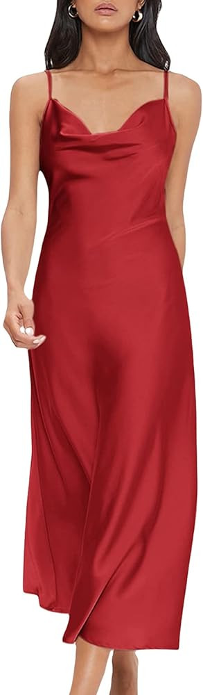 Floerns Women's Spaghetti Strap Cowl Neck Long Slip Satin Silk Midi Dress | Amazon (US)