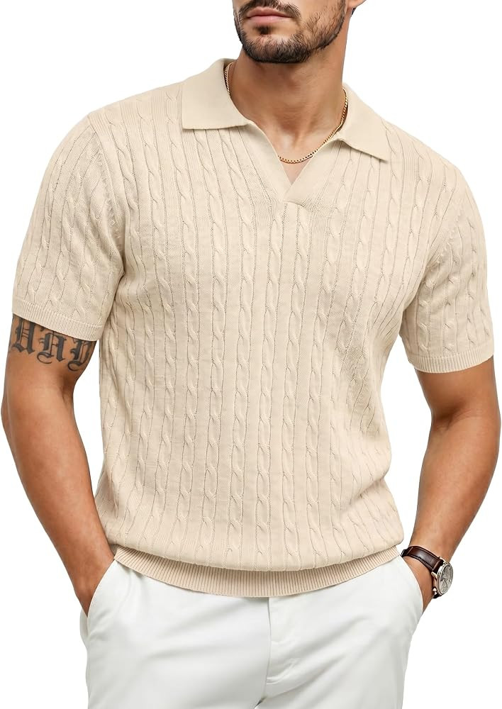 JMIERR Men's Cable Knit Polo Wool Blend Shirt Short Sleeve Vintage Textured Summer Sweater Top | Amazon (US)