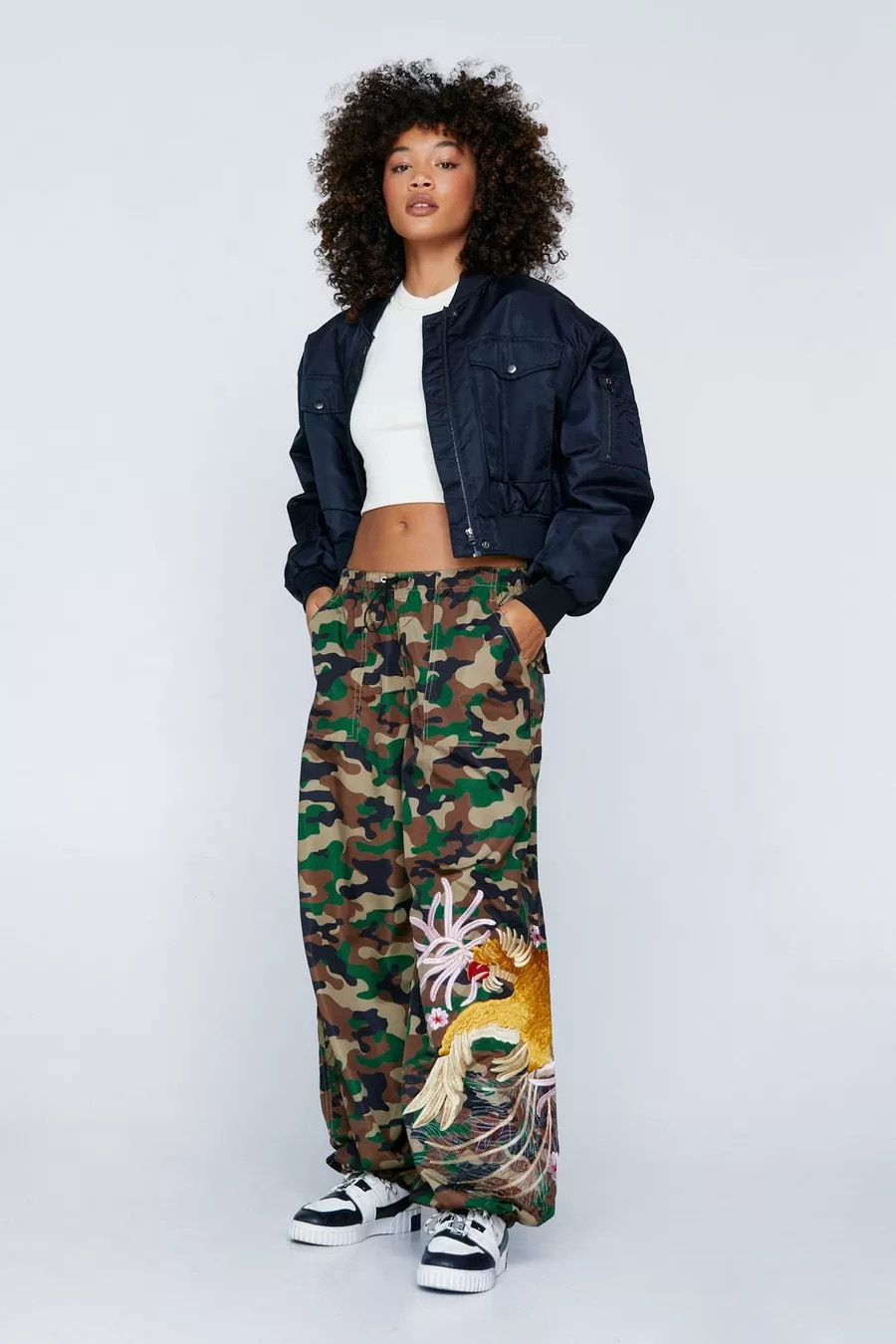 Camo Embroidered Parachute Nylon Mid Rise Cargo | Nasty Gal (US)