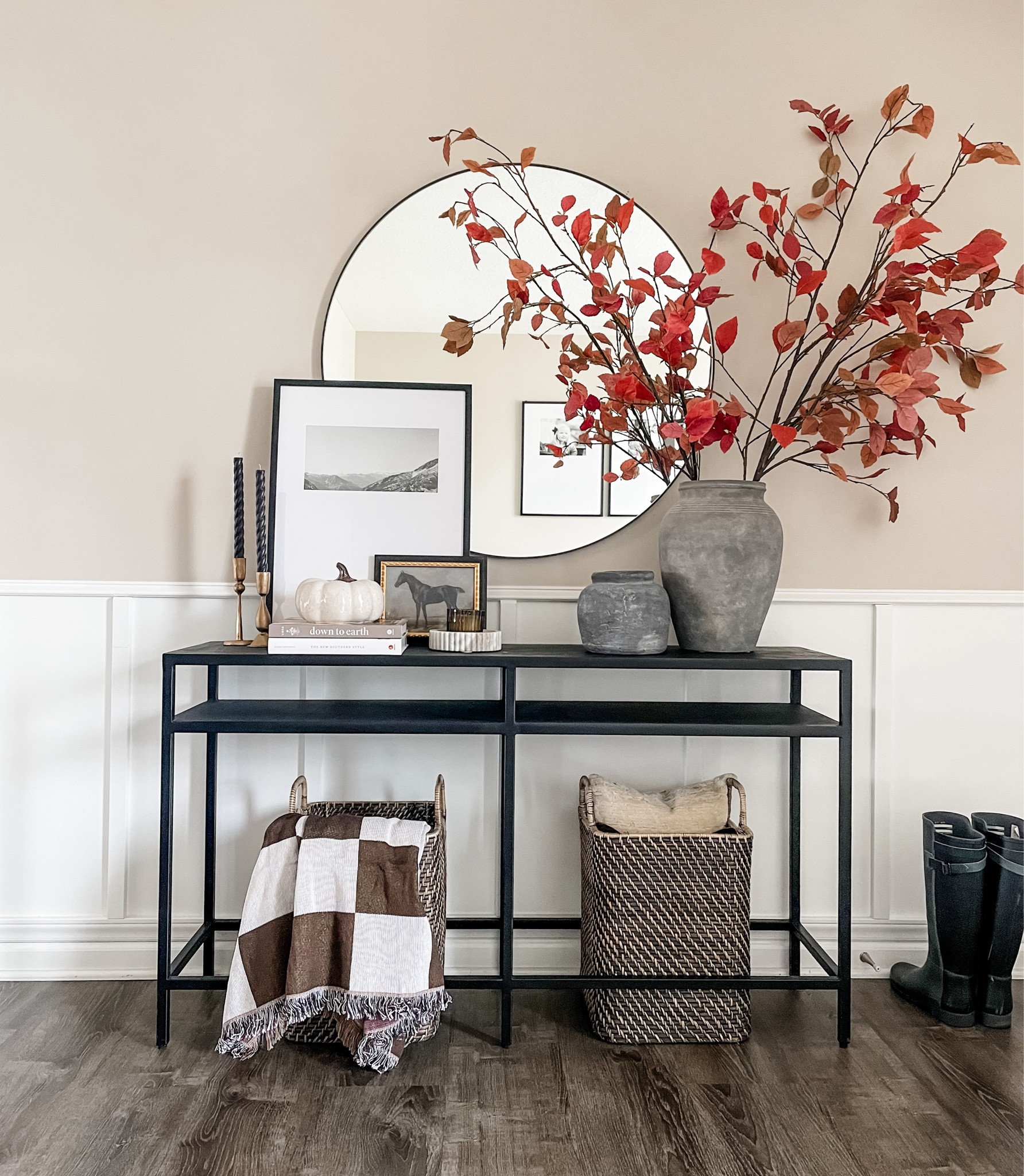 All the Fall feels in our home! Love adding the warmth of Fall in faux stems and decor items. 
fall stems, Crate & Barrel, Pottery Barn, vase, mirror, frame, Target finds, studio McGee, artwork, throw, blanket, Walmart finds, checkered throw, basket, pumpkin, coffee table books, tapered candles, candle stick holder