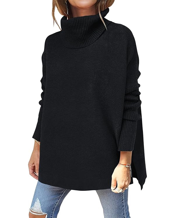 ANRABESS Women's Oversized Turtleneck Batwing Sleeve Spilt Casual Loose Knit Tunic Pullover Sweat... | Amazon (US)