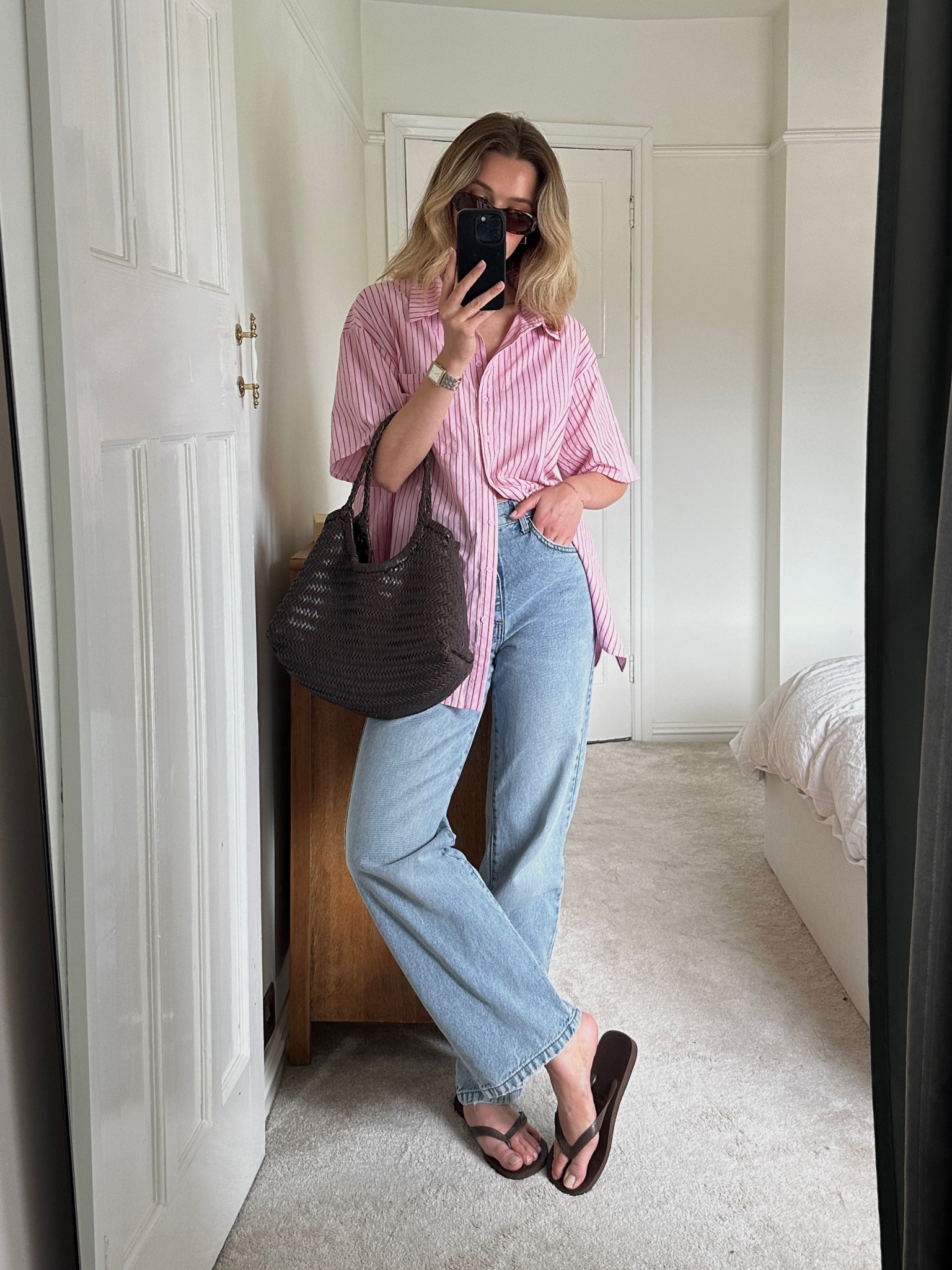 Showpo, Cotton On, Havaianas, Mango, blue jeans, straight jeans, pink shirt, stripe shirt, woven bag, leather bag, dragon diffusion, summer outfit 

#LTKsummer #LTKuk #LTKstyletip