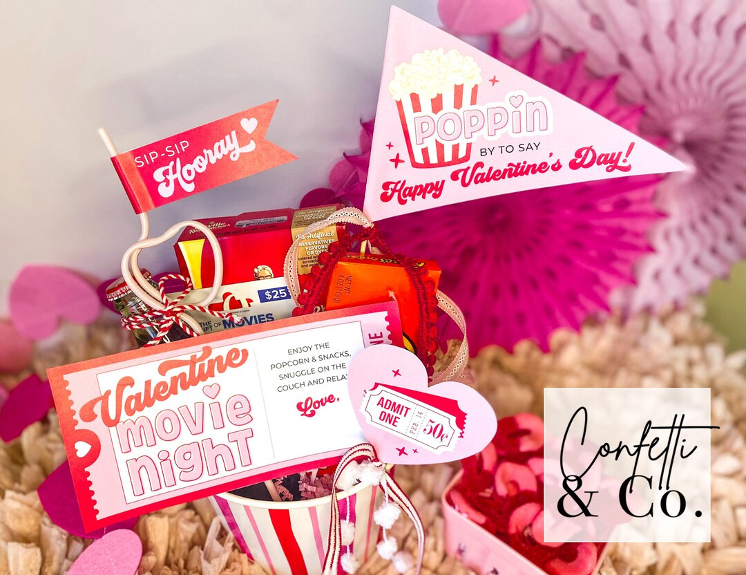 Printable Valentine Movie Night Gift Basket Flags, Retro Valentine's Day Pennants, Tween Teen Gir... | Etsy (US)
