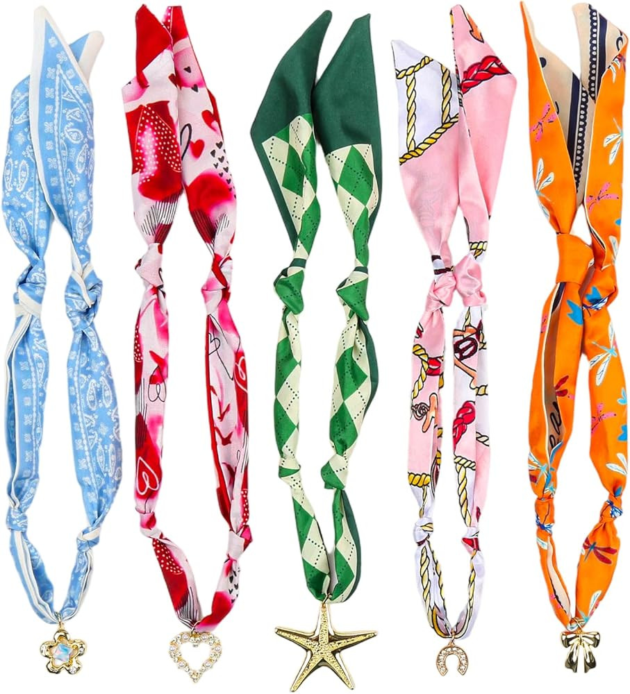 5 Pack Bandana Necklace, Silk Scarf Necklace with Charm Adjustable Tie Statement Jewelry for Wome... | Amazon (US)