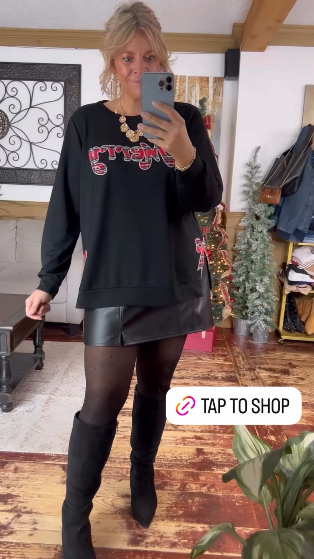 Merry sweater size 12 and faux leather skirt size xl 

#LTKSeasonal #LTKHoliday #LTKMidsize