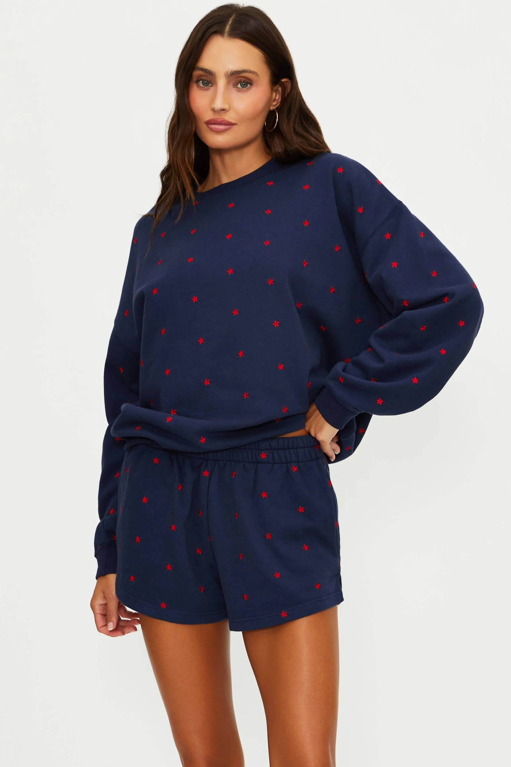 Devyn Sweatshirt Star Spangled Seas | Navy Sweatshirt with Red Stars | Beach Riot | Beach Riot