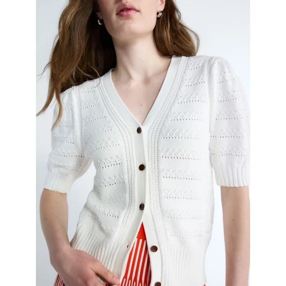 Free Assembly's Women's Cotton Crochet Cardigan Sweater with Puff Sleeves, Sizes XS-4X | Walmart (US)