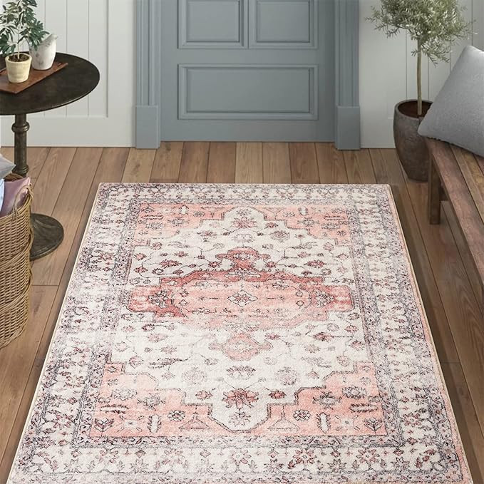 RoomTalks Washable White Pink Boho Area Rugs 4x6 for Bedroom Living Room Entryway Indoor Kitchen ... | Amazon (US)