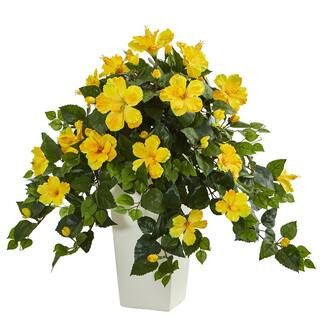 Nearly Natural Hibiscus Artificial Plant in White Tower Planter 6364-YL - The Home Depot | The Home Depot