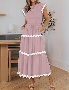 ZESICA Women's Summer Flutter Short Sleeve Smocked Midi Dress 2024 Casual High Waist Rickrack Tie... | Amazon (US)