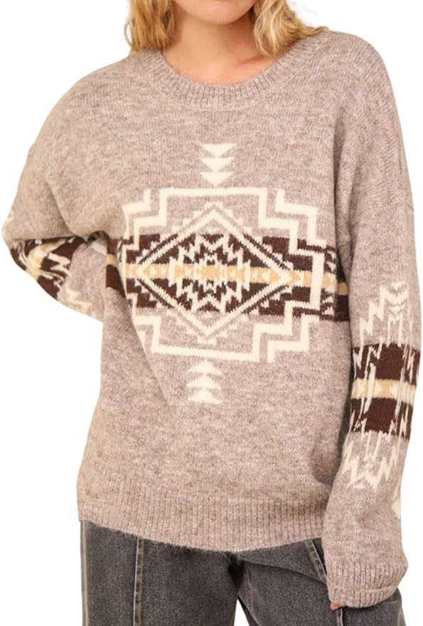 Womens Loose Fit Argyle Graphic Aztec Western Sweater Long Sleeve Crewneck Pullover Tops | Amazon (US)