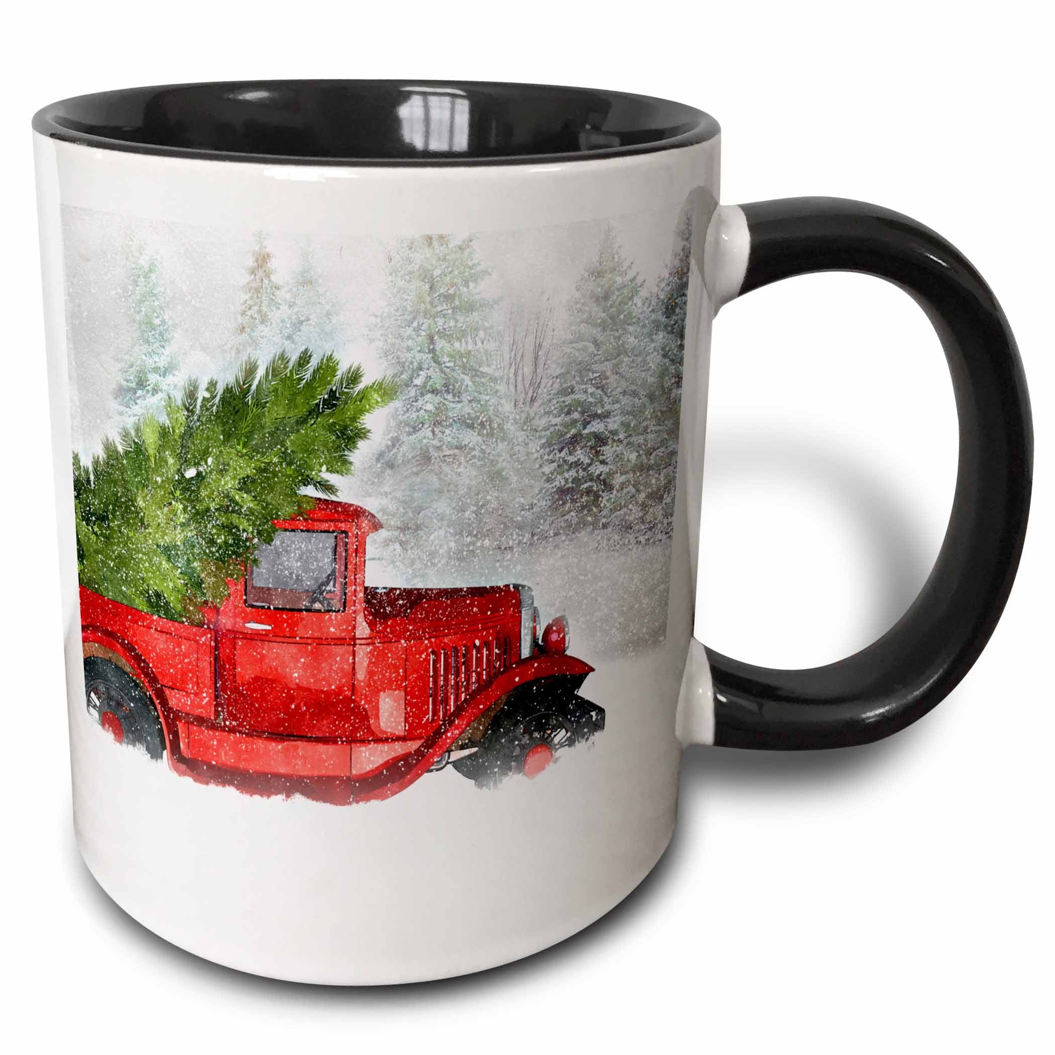 3dRose Vintage Classic Old Red Truck with Christmas Tree in Woodland Snow - Two Tone Black Mug, 1... | Walmart (US)