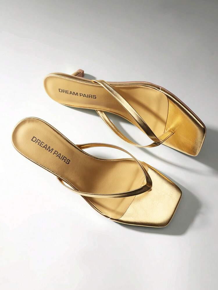 Women Comfortable Kitten Heel Thong Heeled Sandals Fashion Square Open Toe Slip On Casual Slides For Spring Summer Daily Wearing | SHEIN