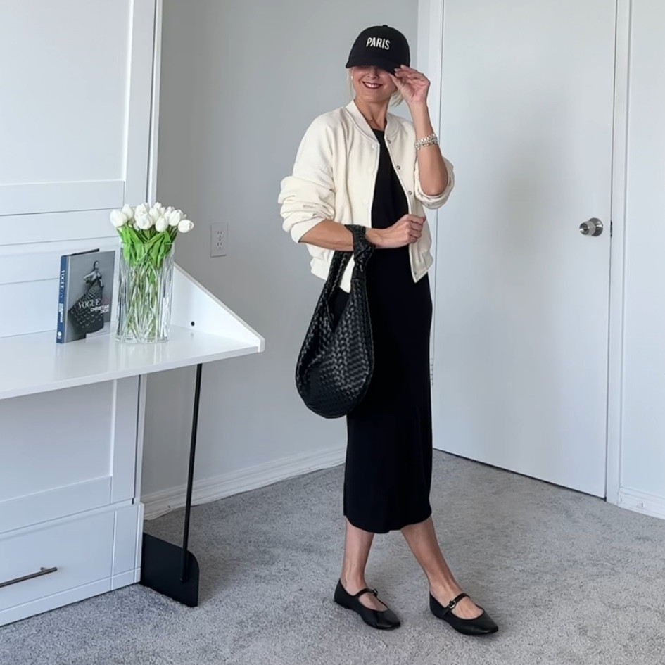 Tee shirt dress styled casually with a bomber jacket and baseball hat

#LTKSeasonal #LTKunder50 #LTKFind