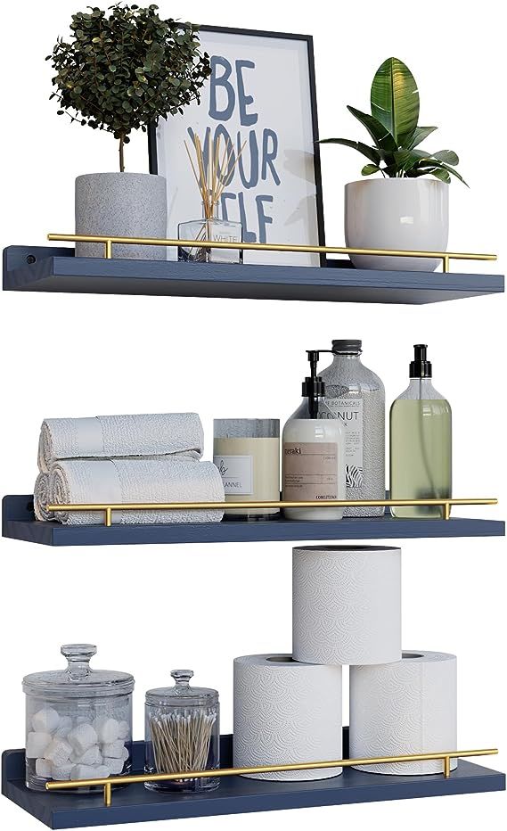 WOPITUES Floating Shelves with Gold Metal Guardrail, Shelves for Wall Decor Set of 3, Wall Shelve... | Amazon (US)