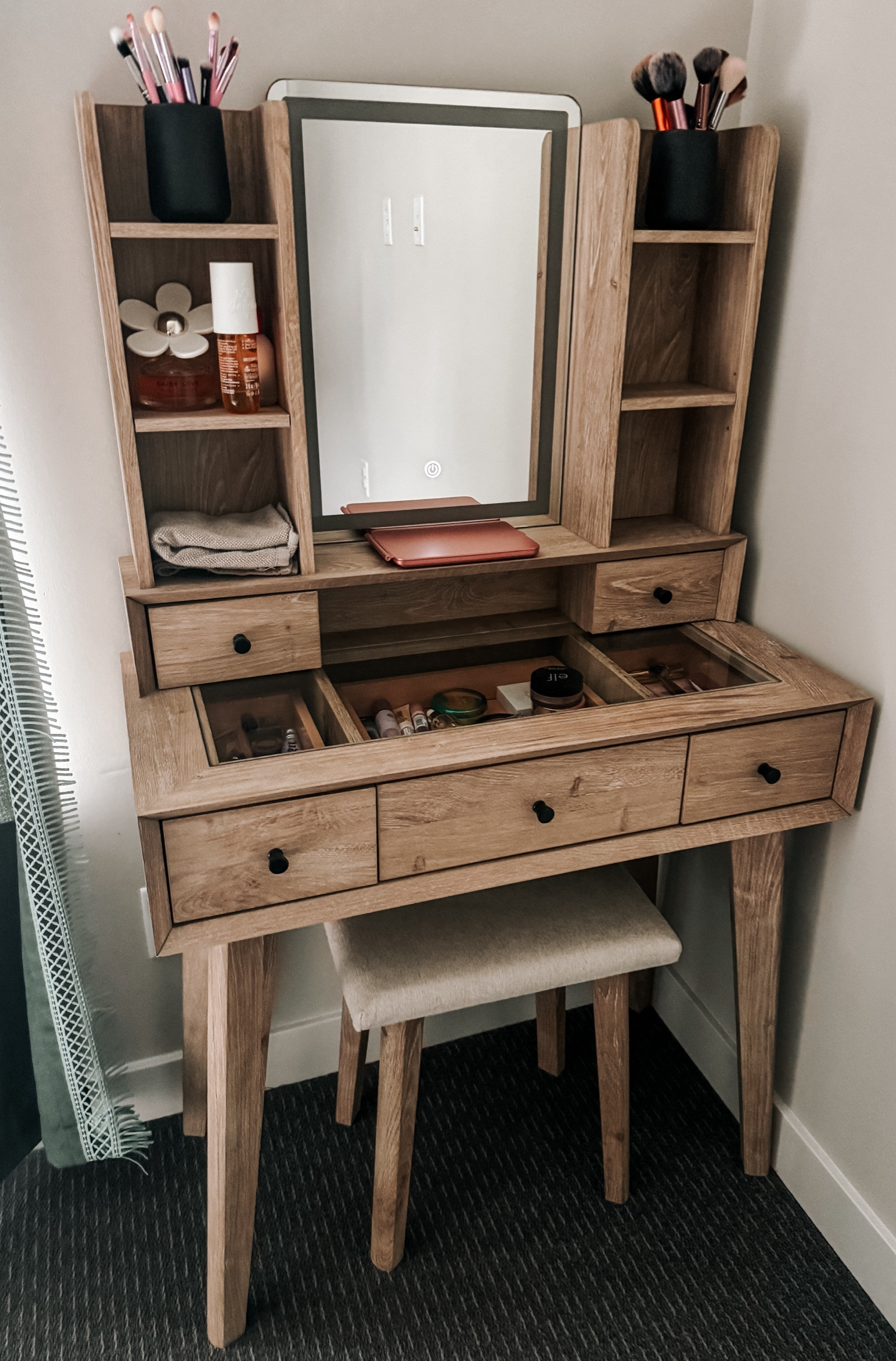 Best makeup vanity desk for small spaces! We have this tucked away in our bedroom and it’s perfect. I love how the stool slides right underneath 🤌🏼

#LTKbeauty #LTKhome