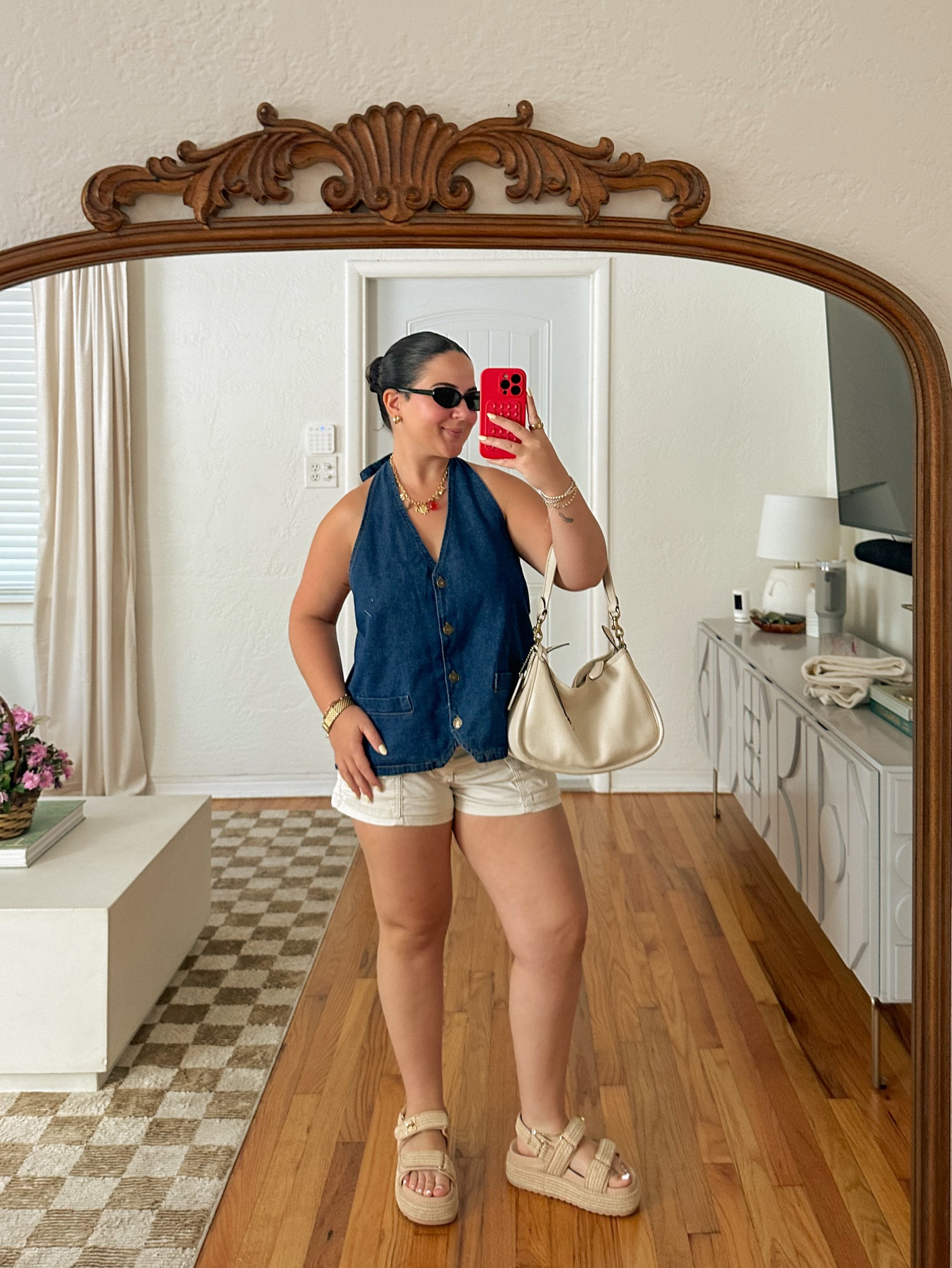 casual summer ootd 😎 wearing a US 6 in the top and US 8 in the shorts. Top is in the color dark denim but sold out - linked the black one! // summer outfit ideas, casual women's fashion, backless top, spring fashion trends, charm necklace 

#LTKMidsize #LTKFindsUnder50