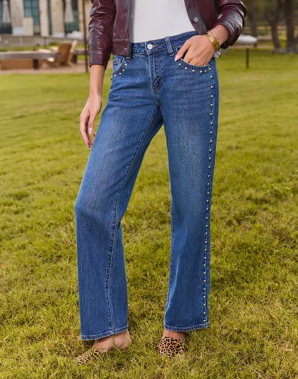 Medium Wash Straight Leg Studded Jeans | Avara