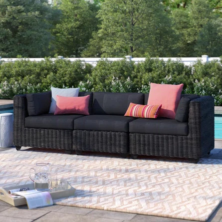 Wade Logan® Ayomikun 96" Wide Wicker Patio Sofa with Cushions | Wayfair | Wayfair North America