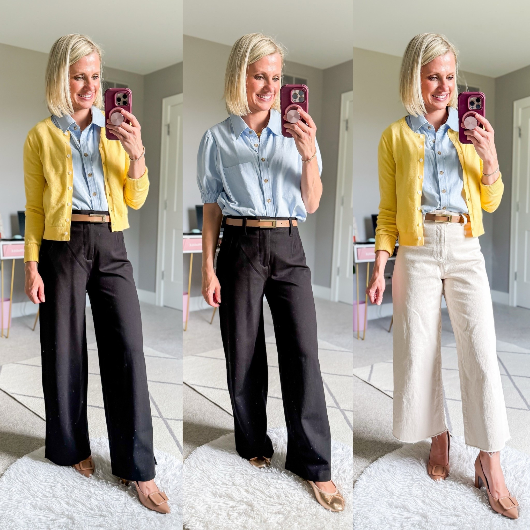 Teacher outfits with a chambray shirt! Black trousers- 0/petite || shirt- small || yellow cardigan- small || white jeans- 0/I cut the hem

#LTKStyleTip #LTKWorkwear #LTKFindsUnder100