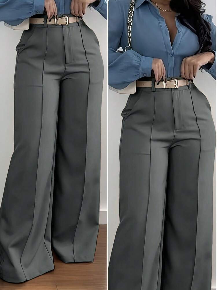 Plus Size Solid Color Pocket Office Commute Elegant Versatile Pants, Without Belt | SHEIN
