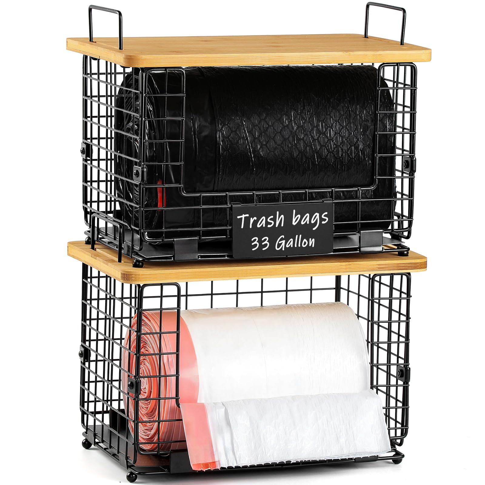 1 Pack Stackable Storage Trash Bag Baskets with Bamboo Top, Large & Standard Trash, Garbage Bag H... | Amazon (US)