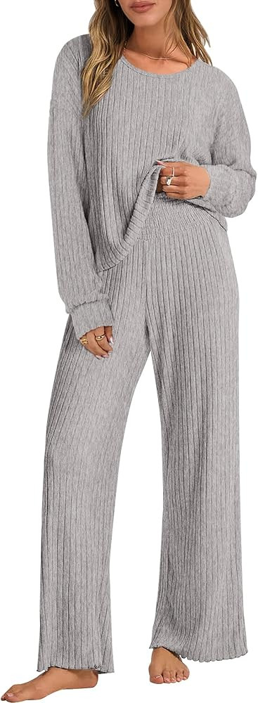 ANRABESS Women 2 Piece Lounge Pajamas Sets Casual Ribbed Knit Long Sleeve Top Pants Matching Set ... | Amazon (US)