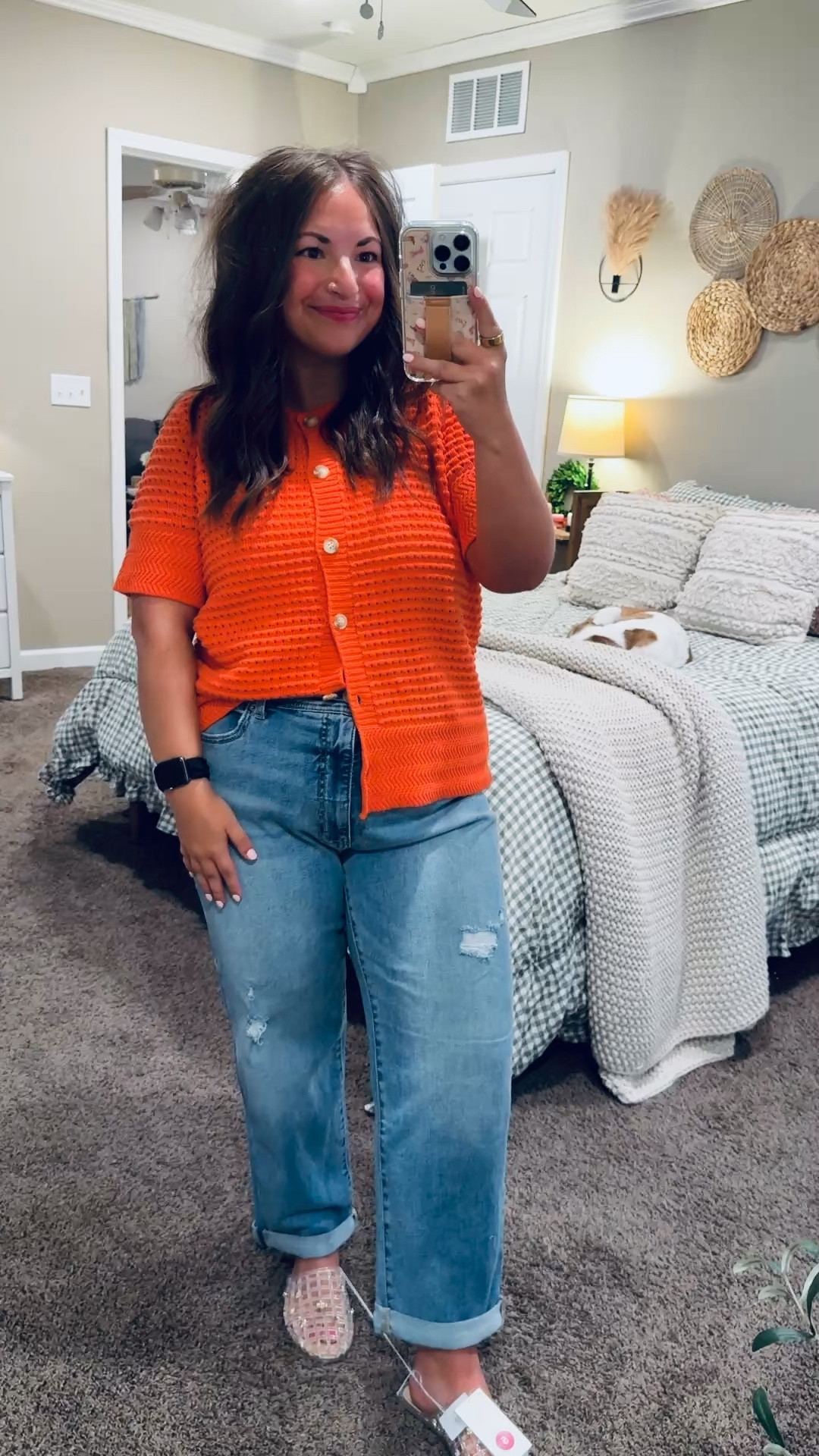 A little pop of orange is exactly what my spring wardrobe needed 🍊🌸 This short sleeve cardi is lightweight, cheerful, and perfect for layering without the bulk.

jelly flats: fit true to size // wearing a 5 (surprisingly comfy)
jeans: fit a tad oversized // wearing a 14
sweater cardigan tee: fits true to size // wearing a large 

 #LTKootd #LTKMidsize #LTKWorkwear