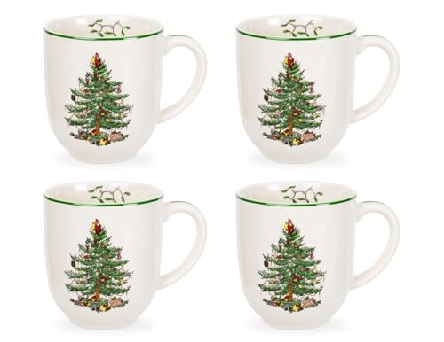 Spode Christmas Tree Cafe Mug (Set of 4) - 14 Oz Ceramic Holiday Coffee Mugs for Tea, Hot Chocolate, Lattes - Festive Design with Santa and Christmas Tree Motif - Microwave & Dishwasher Safe | Amazon (US)