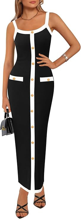 KIRUNDO Women's Semi Formal Business Casual Midi Dress 2025 Spring Summer Knit Color Block Button... | Amazon (US)