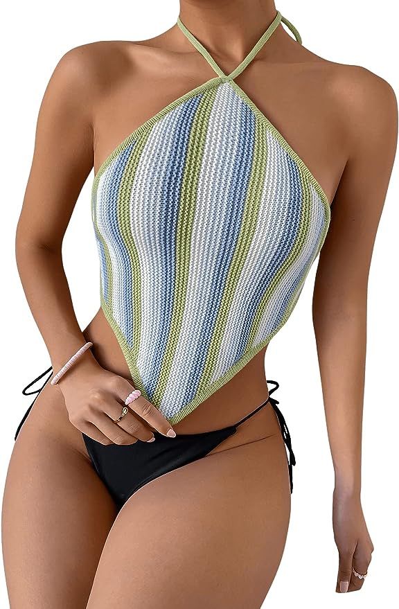 SweatyRocks Women's Sleeveless Colorblock Self Tie Back Crochet Knit Halter Cami Crop Top | Amazon (US)