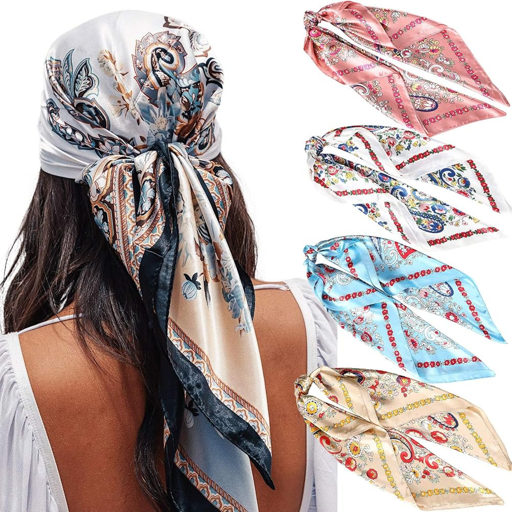 35” Satin Large Square Head Scarves - 4PCS Silk Like Neck Scarf Hair Sleeping Wraps Lightweight Sati | Amazon (US)
