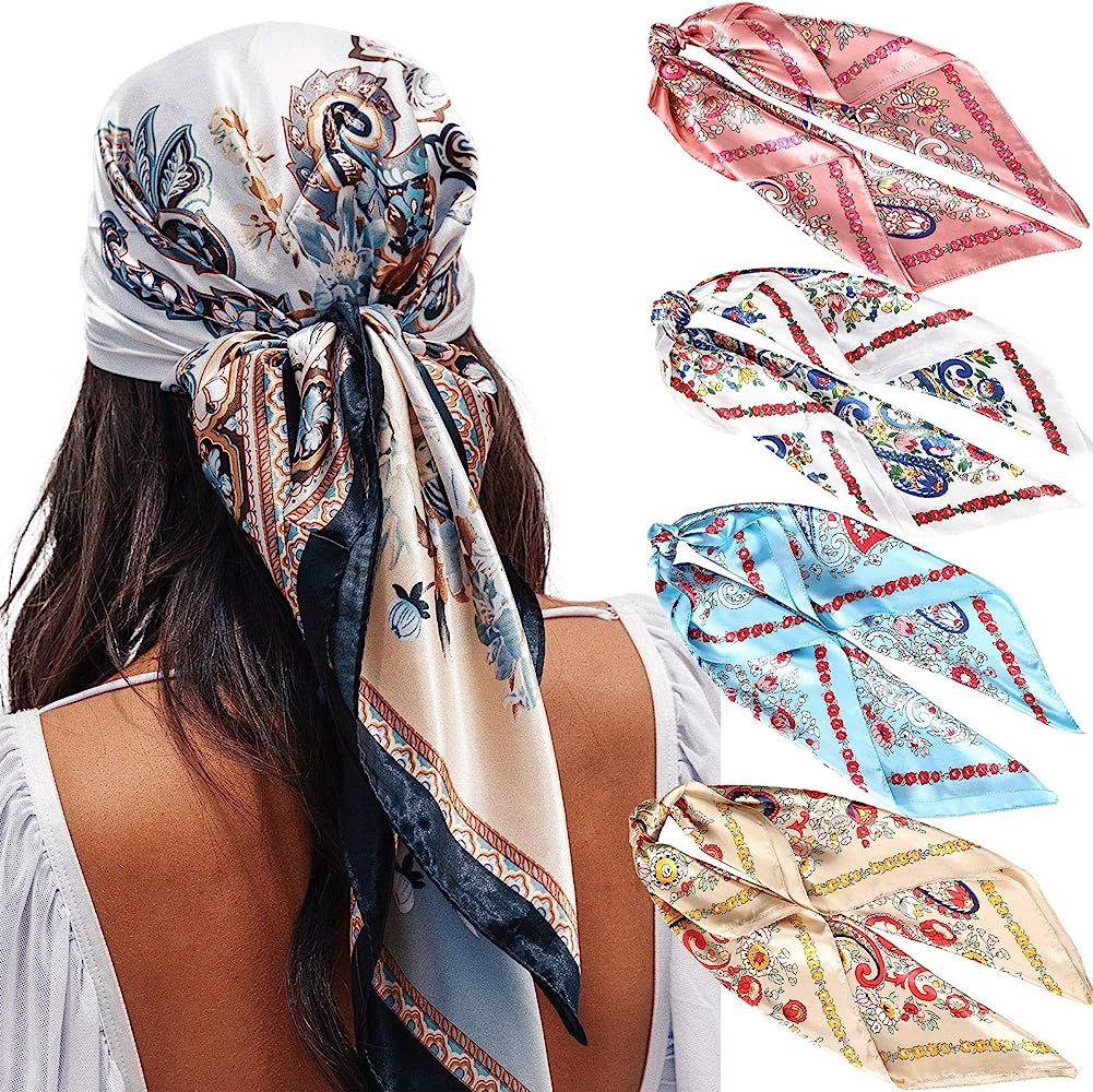 35” Satin Large Square Head Scarves - 4PCS Silk Like Neck Scarf Hair Sleeping Wraps Lightweight Sati | Amazon (US)