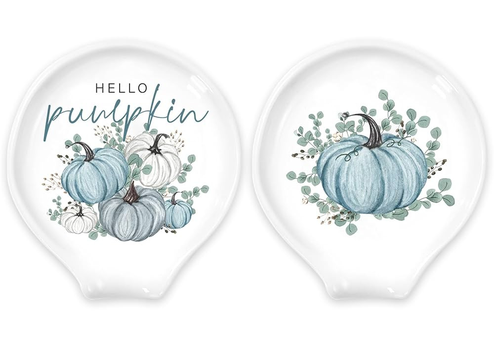 Whaline 2Pcs Fall Spoon Rest Watercolor Blue White Pumpkin Ceramic Spoon Holder Hello Pumpkin Rin... | Amazon (US)