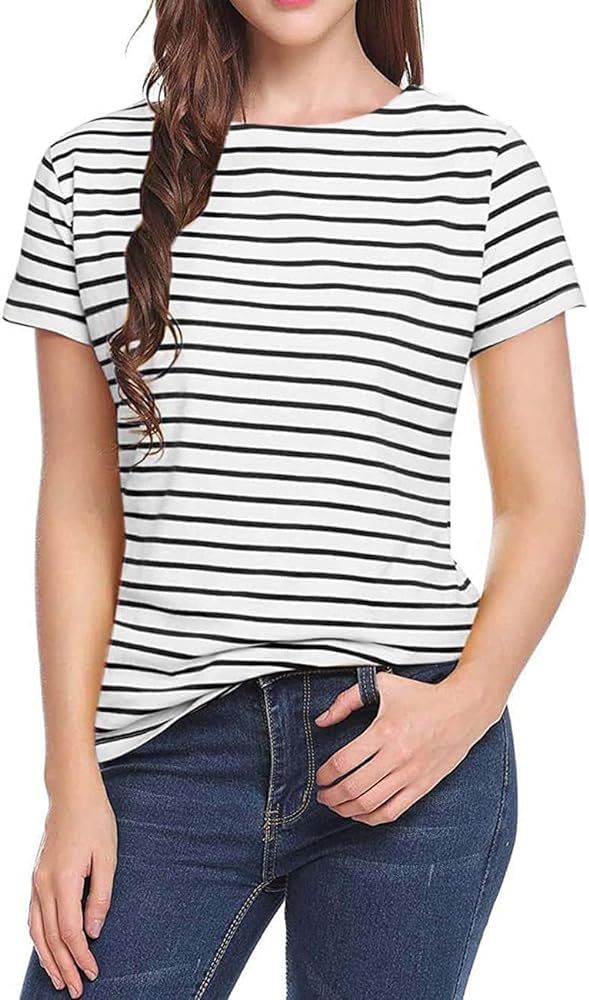 LilyCoco Women's Striped Shirt Short Sleeve Tops Crewneck T-Shirt Basic Tees | Amazon (US)