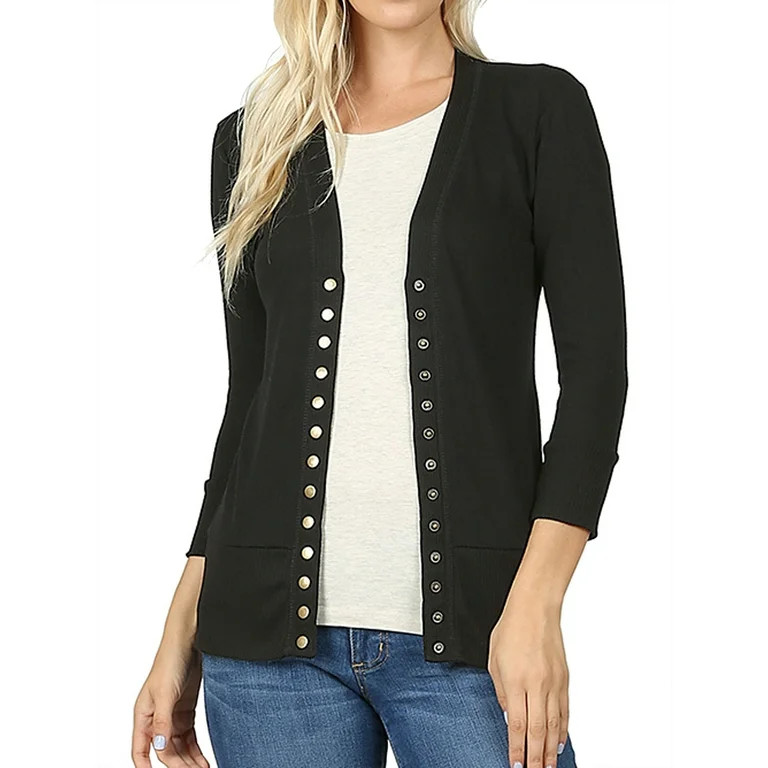 Zenana Women & Plus Front V-Neck Classic Thin Snap Button Down 3/4 Sleeve Ribbed Knit Cardigan | Walmart (US)