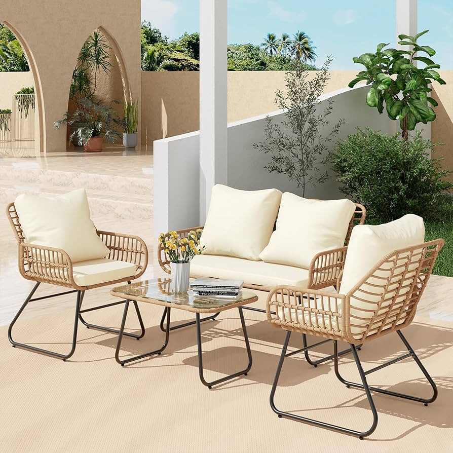 LEX CRAFT 4-Piece Outdoor Patio Furniture Set with Cushions & Tempered Glass Table, All-Weather R... | Amazon (US)